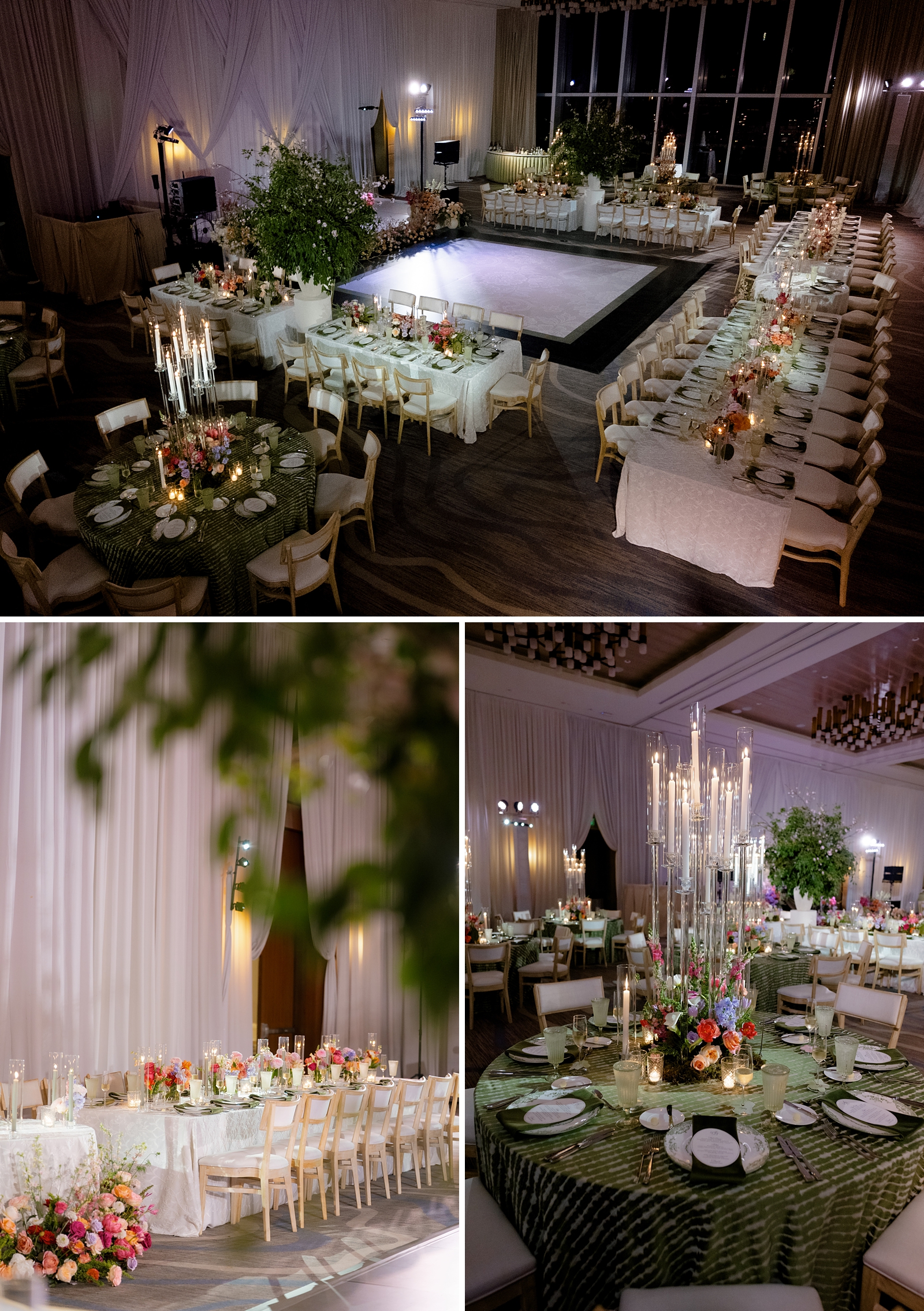 Alyson and Brad wedding table detail — cylinder hurricane candles, sage taper candles, orange tulips and calla lilies, white lace tablecloth | Sunny Lee Photography