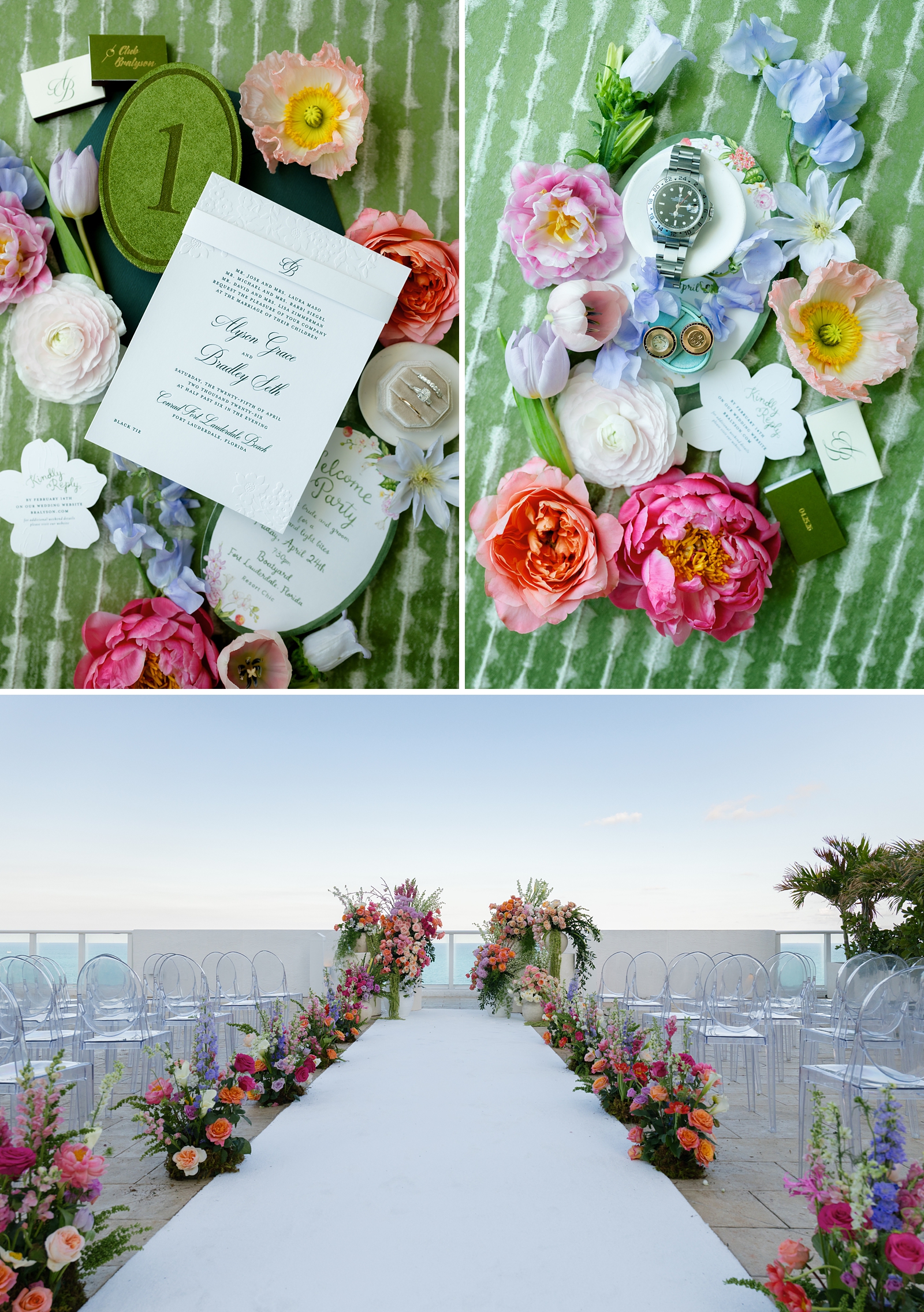 Alyson and Brad reception — tall crystal candelabra with colorful garden florals, green shibori tablecloth, Conrad Fort Lauderdale | Sunny Lee Photography